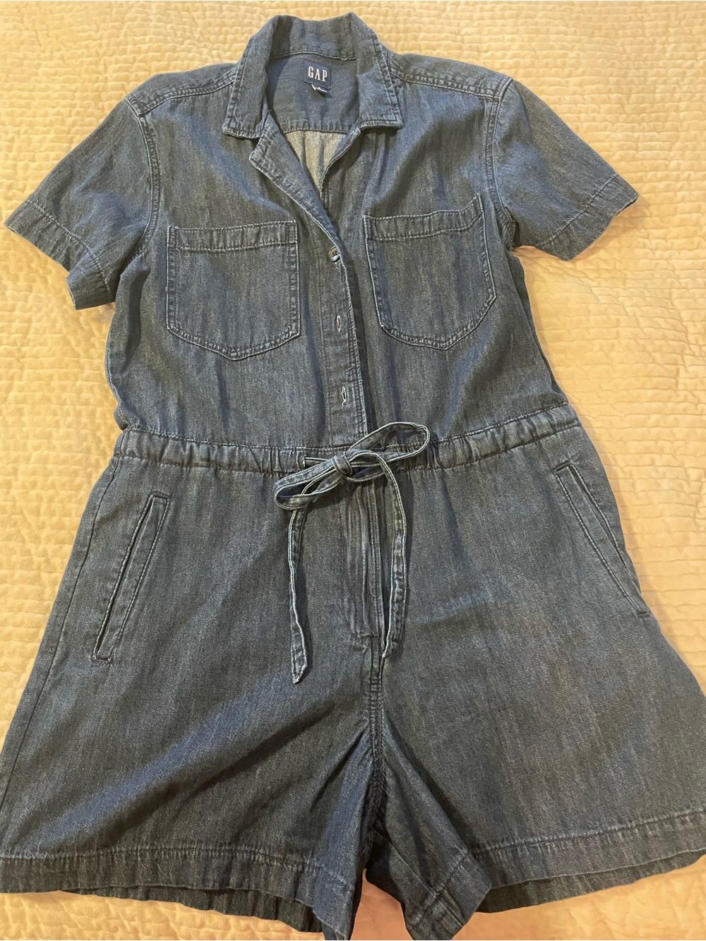 GAP Denim Short Sleeve One-Piece Romper in Blue